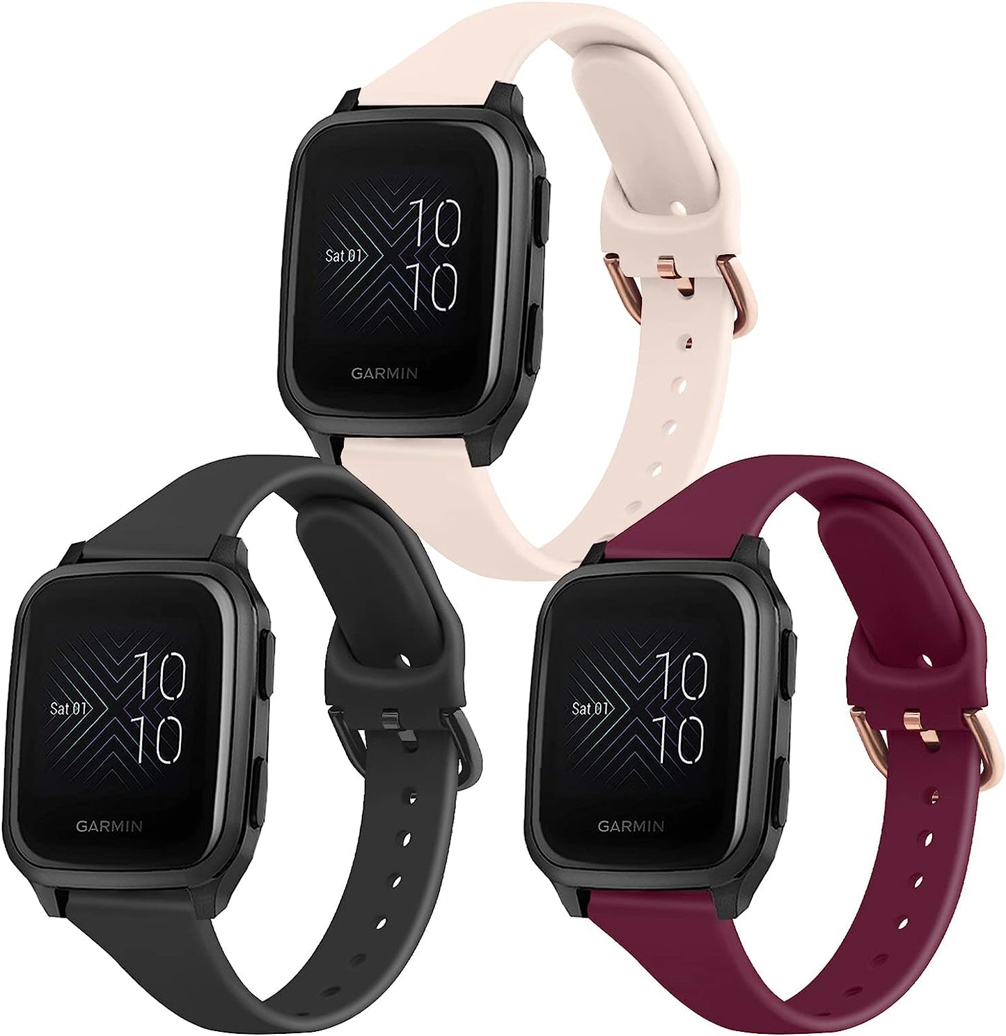 Wanme Slim Bands for Garmin Venu 2 plus / Venu Sq / Venu / Vivoactive 3 Watch Band Women Men, 3 Pack Soft Silicone Replacement Wristband Sport Strap for Garmin Vivomove Sport, Vivoactive 3 Music, Forerunner 645 / 245 Music Smart Watch  Wanme Black+Pink+WineRed  