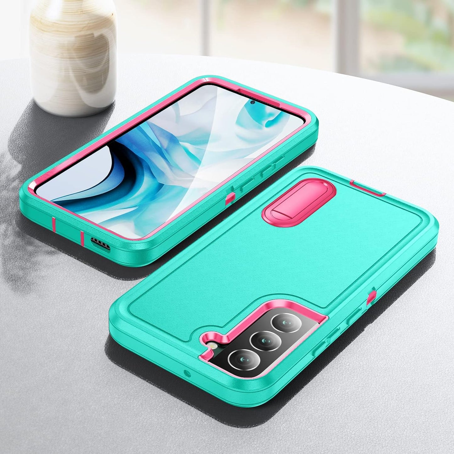 Idweel Galaxy S22 Case with Build-In Kickstand, Heavy Duty Protection Shockproof Anti-Scratch Rugged Protective Durable Case Hard Cover for Samsung Galaxcy S22 6.1 Inch,Light Blue/Pink  IDweel   