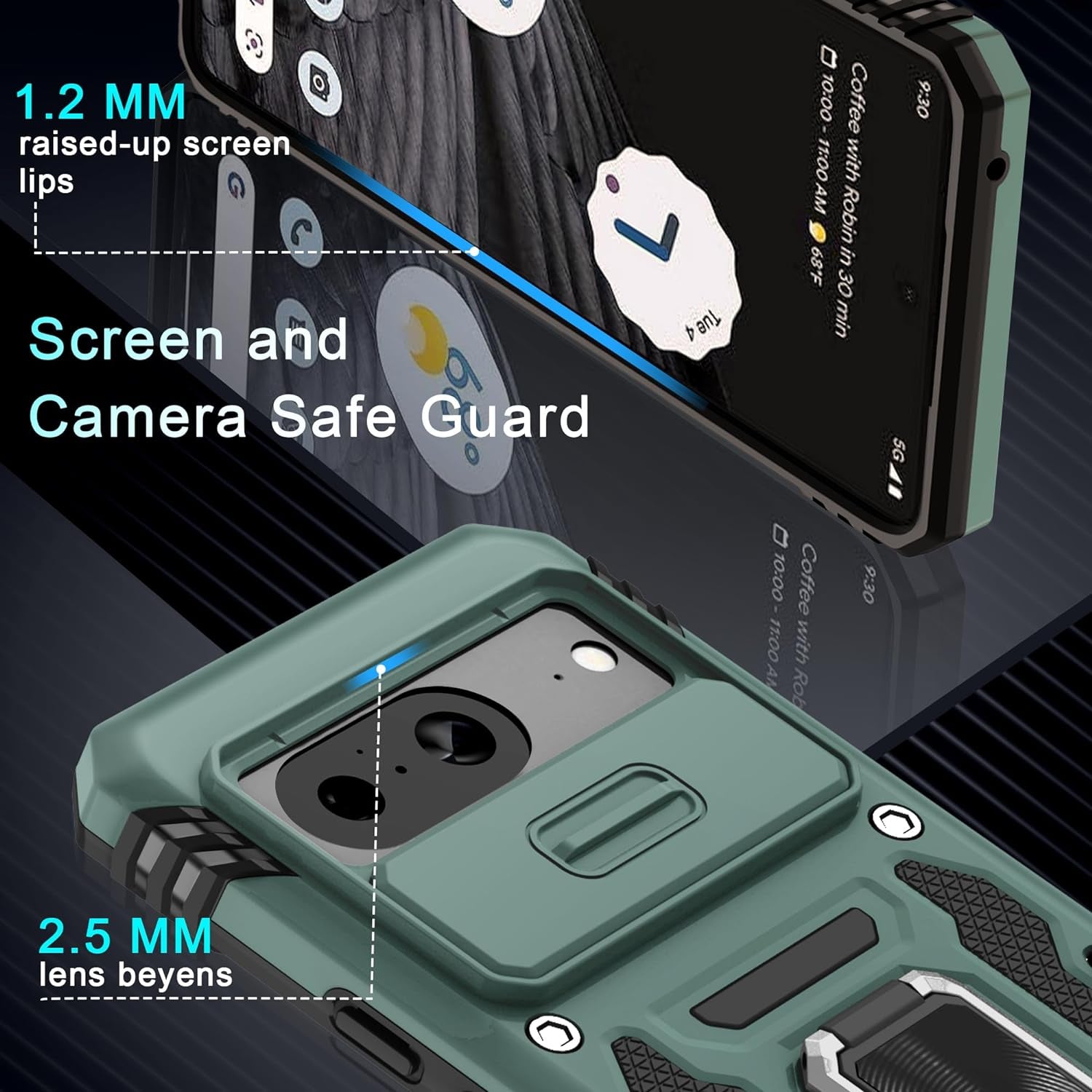 DEERLAMN for Google Pixel 8 Case with Slide Camera Cover+Screen Protector (1 Pack), Rotated Ring Kickstand Military Grade Shockproof Heavy Duty Protective Cover -Green  DEERLAMN   