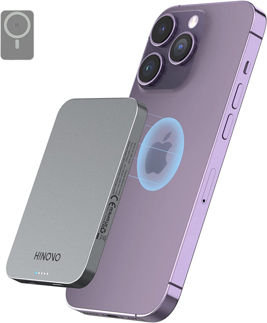 HINOVO Magnetic Power Bank 5000Mah Portable Charger Iphone Compatible for Magsafe 0.35” Battery Pack PD 20W & 15W Wireless Charger for Iphone 14/13/12 Series, Metal Design & Graphene Heat Dissipation  HINOVO   