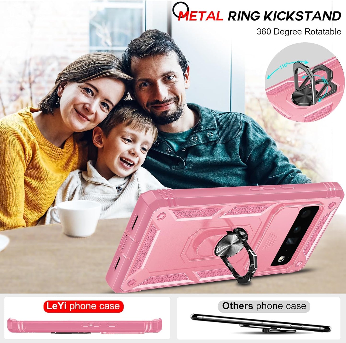 Leyi for Google Pixel 6 Pro Case: Case for Pixel 6 Pro with Slide Camera Cover, 360 Full Body Military-Grade Phone Case with Kickstand for Pixel 6 Pro, Pink  LeYi   