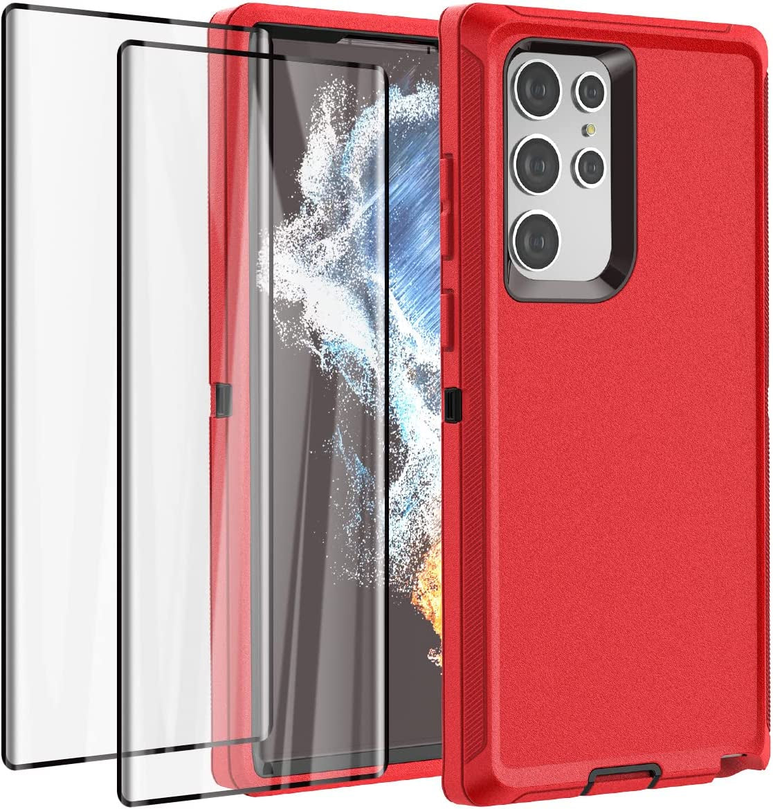 Aicase for Galaxy S22 Ultra Case with Screen Protector,Heavy Duty Drop Protection Full Body Rugged Shockproof/Dust Proof Military Protective Tough Durable Phone Cover for Samsung S22 Ultra 6.8“  AICase Red/Black With Screen Protector  