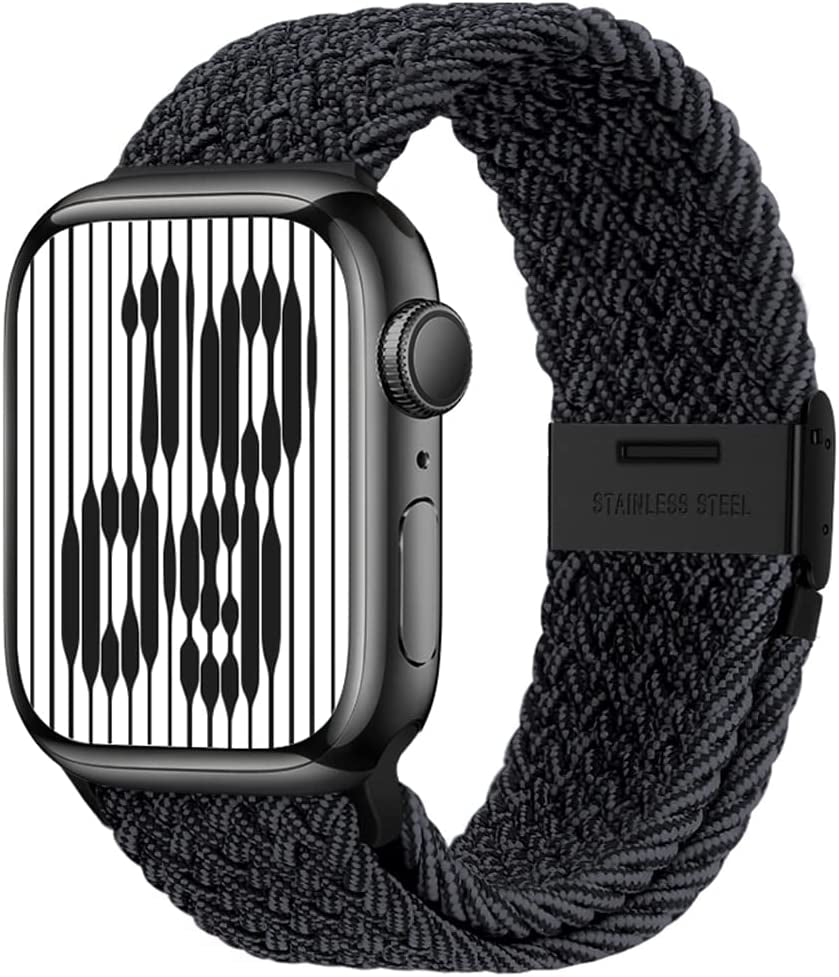 Qimela Compatible with Apple Watch Band 49Mm 45Mm 44Mm 42Mm,Stretchy Sport Solo Loop Strap with Adjustable Buckle,Elastic Nylon Braided Wristband for Iwatch Series 8 7 6 SE 5 4 3 2 1 Ultra,Women Men  FS-TECH Black&Grey 38mm/40mm/41mm 
