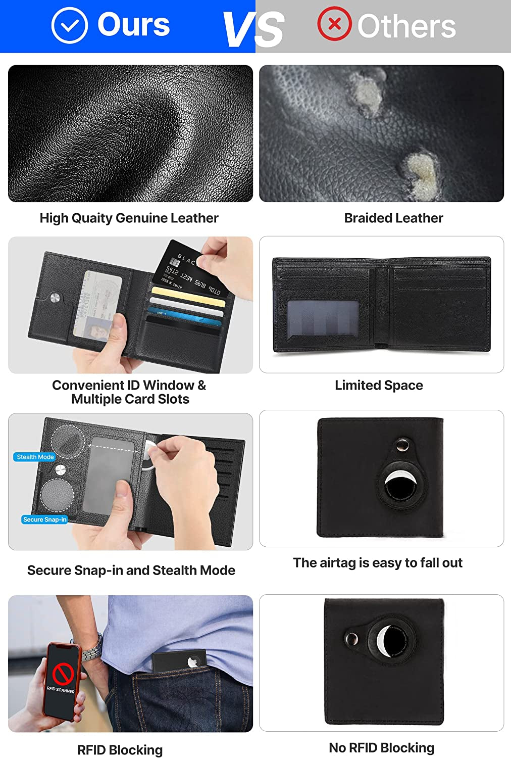 Men'S Leather Wallet with Stealth Pocket for Airtag | Top Grain Leather | Bifold | RFID Blocking | 8-16 Card Capacity | Bill Divider | ID Window | Hidden Pocket Compatible with Apple Air Tag (Black)  typecase   