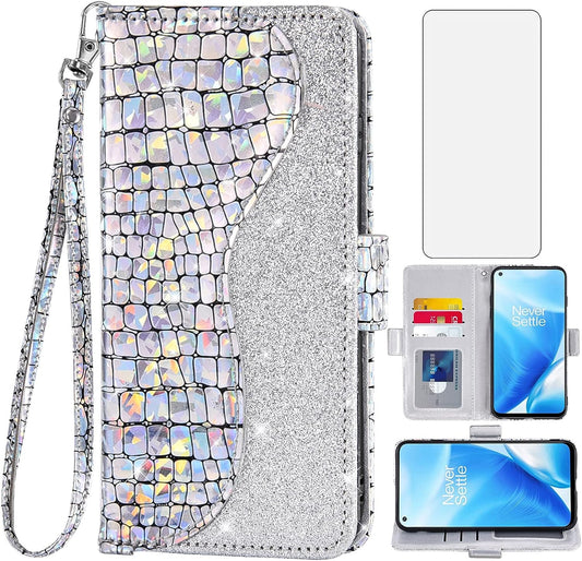 Asuwish Phone Case for Oneplus Nord N200 5G Wallet Cover with Screen Protector and Flip Card Holder Bling Glitter Stand Cell One plus N 200 G5 1 plus 200N 1Plus One+ 1+ N2005G 2021 Women Girls Silver  Asuwish   