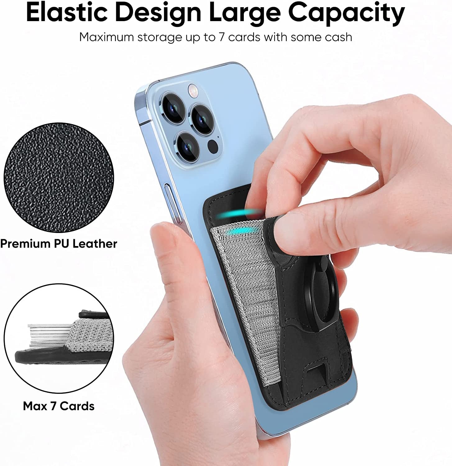 Magnetic Card Wallet Holder with Grip, Magsafe Wallet for Apple Iphone 14 Pro Max/14 Pro/14/13/12, Magsafe Leather Wallet, Magnetic Wallet for Iphone 14/13/12 Series, Fit 7 Cards, Black  ExtreLife   