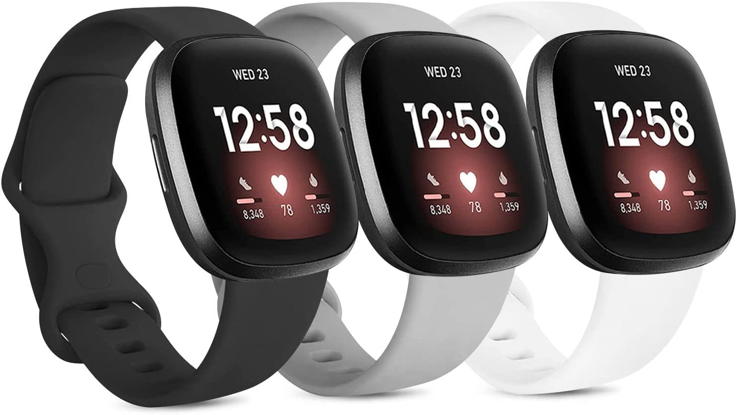 3 Pack Silicone Bands for Fitbit Sense Bands Fitbit Versa 3 Bands Women Men, Classic Soft Sport Bands Replacement Wristbands for Fitbit Sense/Versa 3 Smart Watch (Black/White/Gray, Large)  Amzpas   