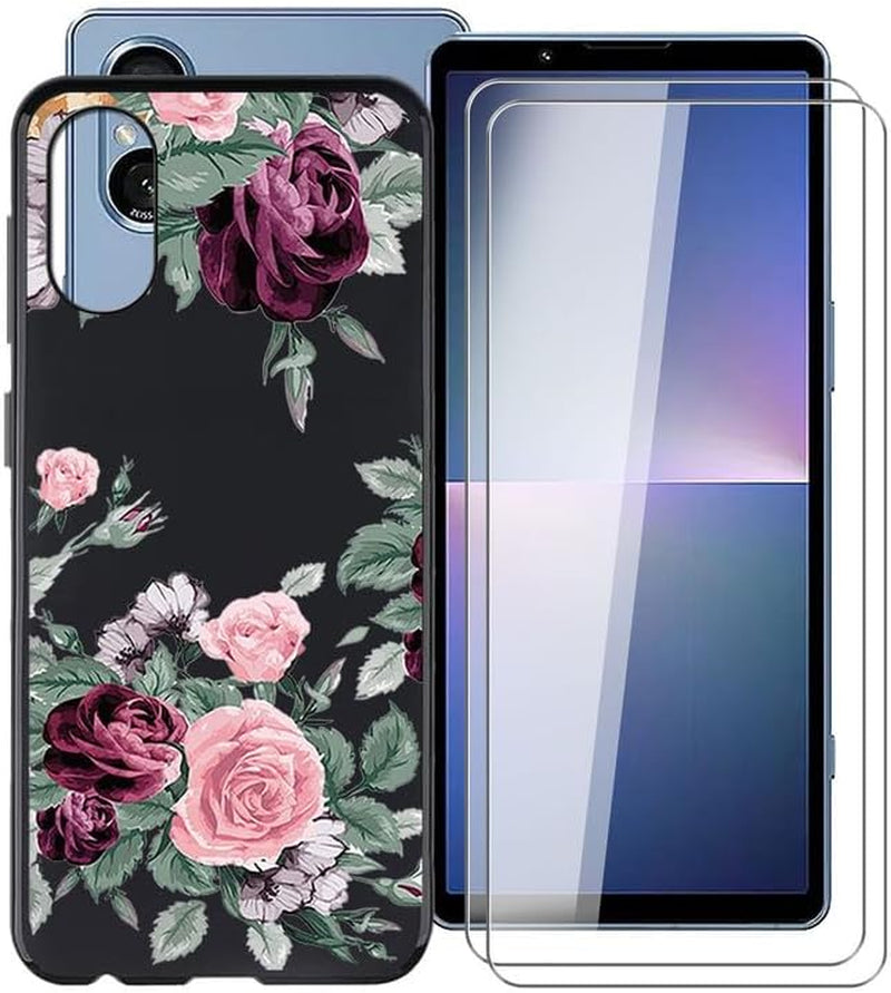 WIMSPEED Shockproof Phone Case for Sony Xperia 5 V (6.1") + 2 Pack Tempered Glass Protective Film, Slim Soft Silicone Shell anti Scratch TPU Cover for Sony Xperia 5 V - Red Rose  WIMSPEED   