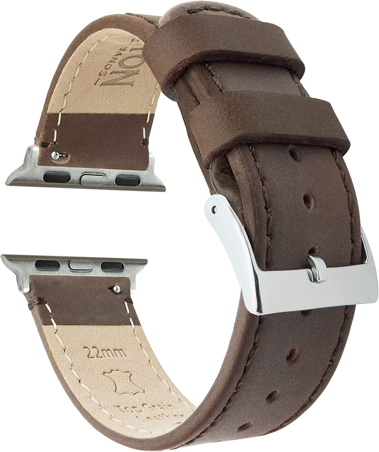 BARTON Top Grain Leather Watch Bands Compatible with All Apple Watch Models - Series 8, 7, 6, 5, 4, 3, 2, 1, SE & Ultra - Size 38Mm, 40Mm, 41Mm, 42Mm, 44Mm, 45Mm or 49Mm  Barton Watch Bands Saddle Brown Leather & Stitching Large Apple Watch (42mm/44mm/45mm/49mm) 