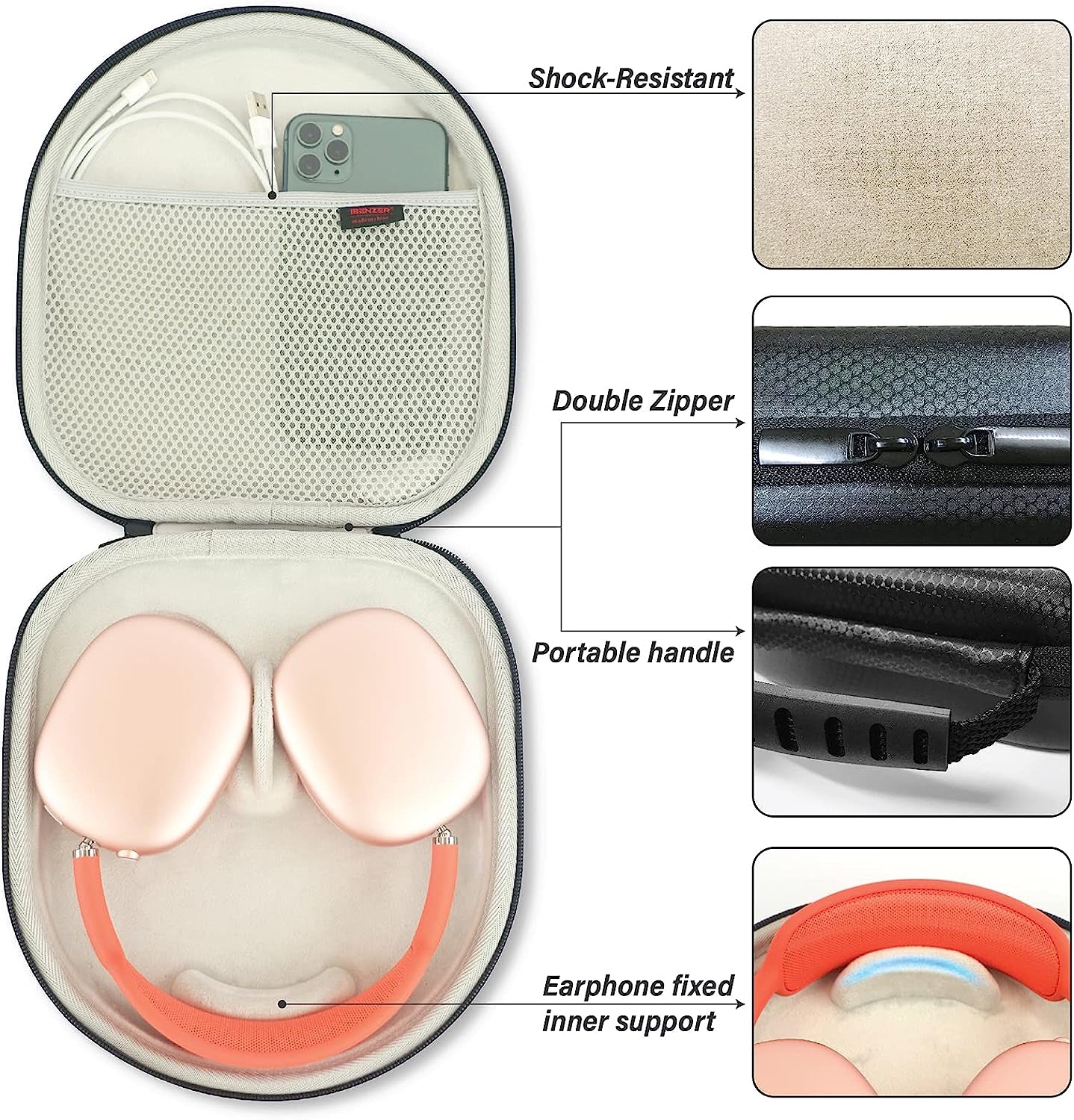 Ibenzer Case for Airpods Max Headphone Travel Carrying Case with Mesh Pocket Storage Bag Waterproof Accessories Protective Hard Shell Headset Cover, Black AP Max-Bk  iBenzer   