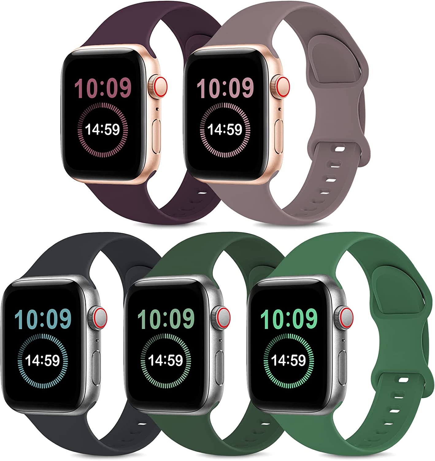OYODSS 5 Pack Bands Compatible with Apple Watch Band 38Mm 40Mm 41Mm 42Mm 44Mm 45Mm 49Mm Women Men, Soft Silicone Sport Replacement Strap Compatible with Iwatch Ultra SE Series 8 7 6 5 4 3 2 1  OYODSS Smoke Violet/Dark Cherry/Midnight/Clover/Cyprus Green 38mm/40mm/41mm S/M 