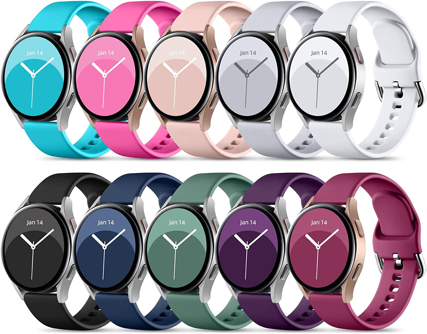 Daqin 10 Pack Band Compatible with Samsung Galaxy Watch 4/Galaxy Watch 5 Band 40Mm 44Mm/Galaxy Watch 5 Pro 45Mm/Samsung Active 2 Bands, 20Mm Soft Silicone Sport Strap Wristbands for Women Men  Xuchangjiansenshangmaoyouxiangongsi Black/Navy Blue/White/Gray/Fuchsia/Plum/Pink Sand/Pine Green/Teal/Rose Small 