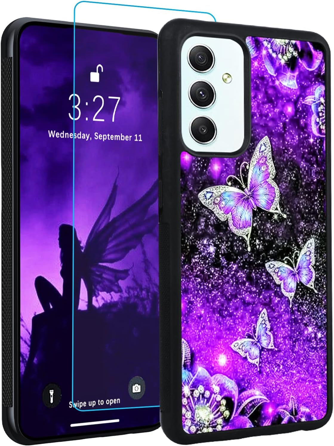OOK Designs for Samsung Galaxy A53 Case Glitter Purple Butterfly Nebula Space Design Hard Pc+Soft TPU Bumper Anti-Slip Ultra Thin Cover Protective Shockproof Case for Galaxy A53  OOK A34 Case  