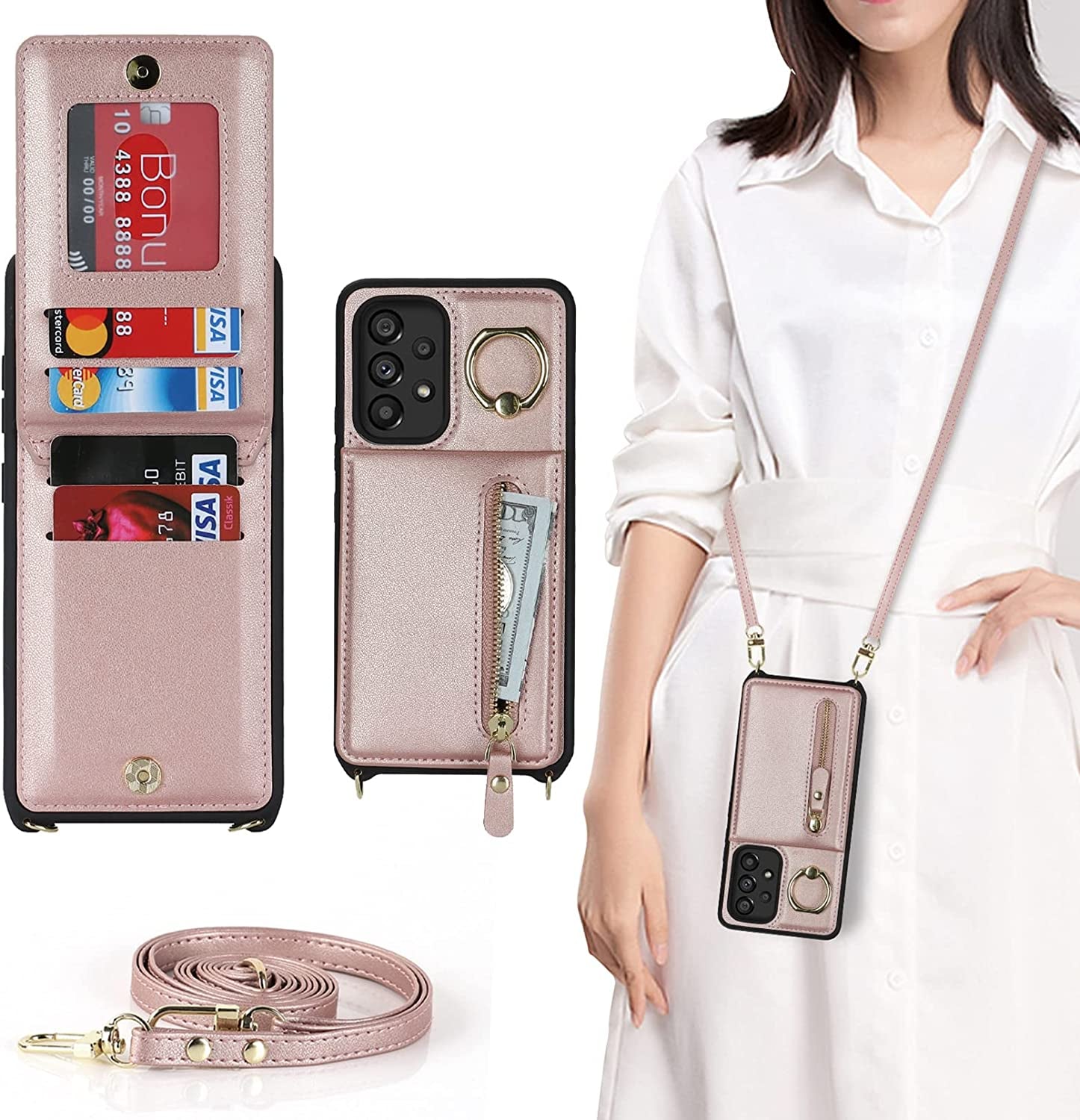 Jaorty Samsung Galaxy A53 5G Phone Case for Women with Card Holder,Samsung A53 Case Wallet Crossbody Lanyard with Strap,Credit Card Slots Kickstand Case with Ring Holder,6.5 Inch,Black Leopard  Jaorty Style 2 Ring Holder - Rosegold  