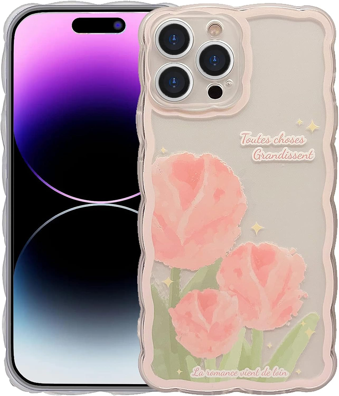 GUSDBSW Cute Iphone 14 plus Case for Women Girls, Lovely Floral Strawberry Pattern Wave Comfortable Grip Design for Girly, Slim Thin Soft Flexible TPU Clear Protective Phone Case - Blueberry Flower  GUSDBSW Pink Tulip Iphone 12 Pro Max 