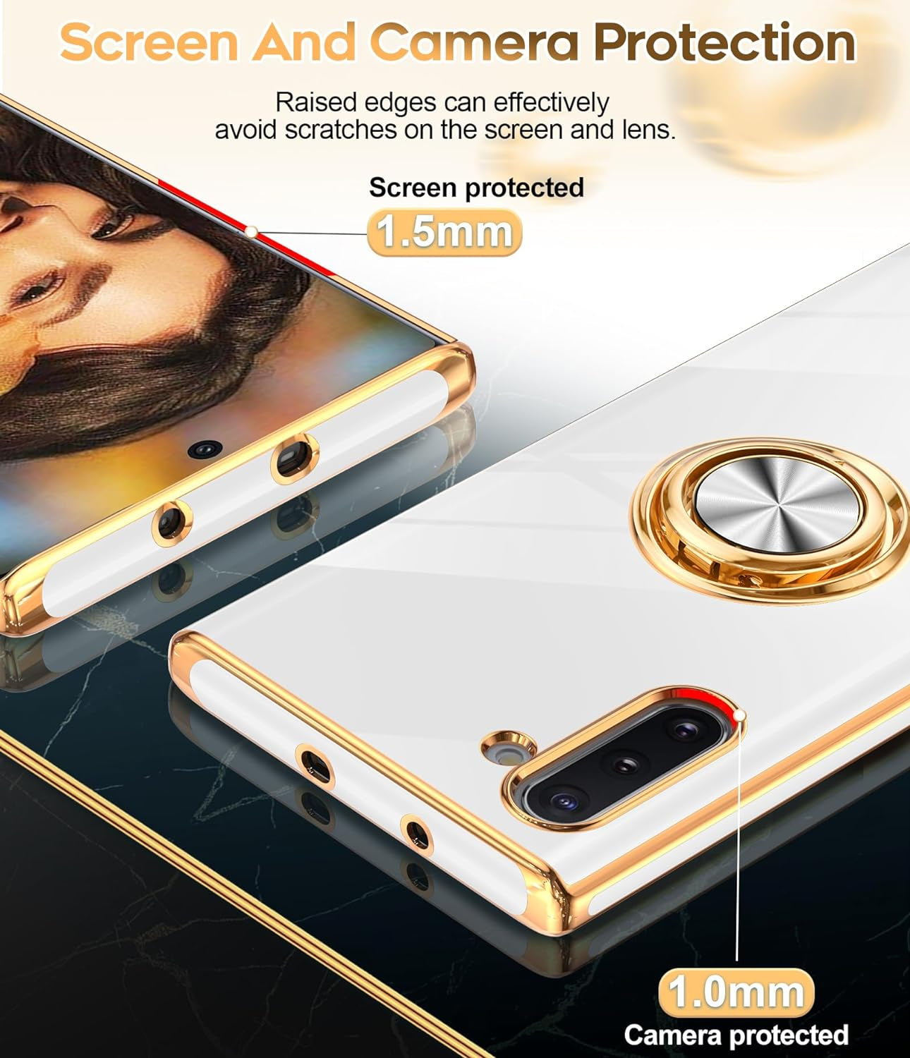 Leyi for Samsung Galaxy Note 10 Case 360° Rotatable Ring Holder Magnetic Kickstand, Plating Rose Gold Edge Protective Case [ Not Applicable Note 10 Plus], White  LeYi   