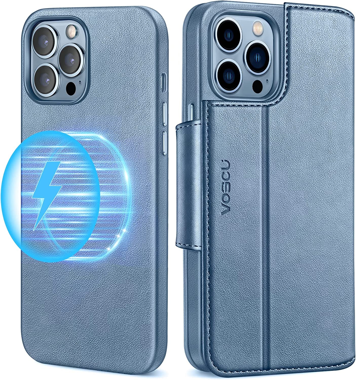 Voscu Detachable Wallet Case for Iphone 13 Pro Max 6.7'' Compatible with Magsafe, Support Wireless Charger, Vegan Leather Flip Folio Magnetic Phone Case with Card Holders [RFID Blocking]-Sierra Blue  voscu   