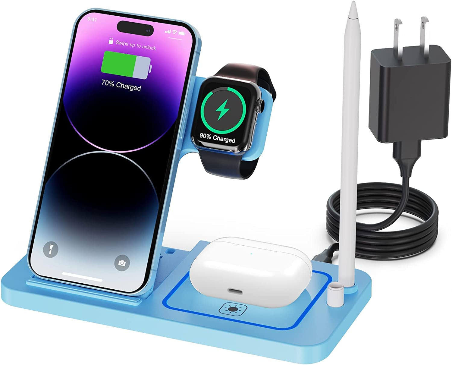 Wireless Charging Station for Apple Multiple Devices - 4 in 1 Charger Station Stand Dock for Apple Watch Series 7 6 SE 5 4 3 2 & Airpods Apple Pencil Iphone 13 12 11 Pro X XR 8 Iwatch with Adapter  Popveen Blue  