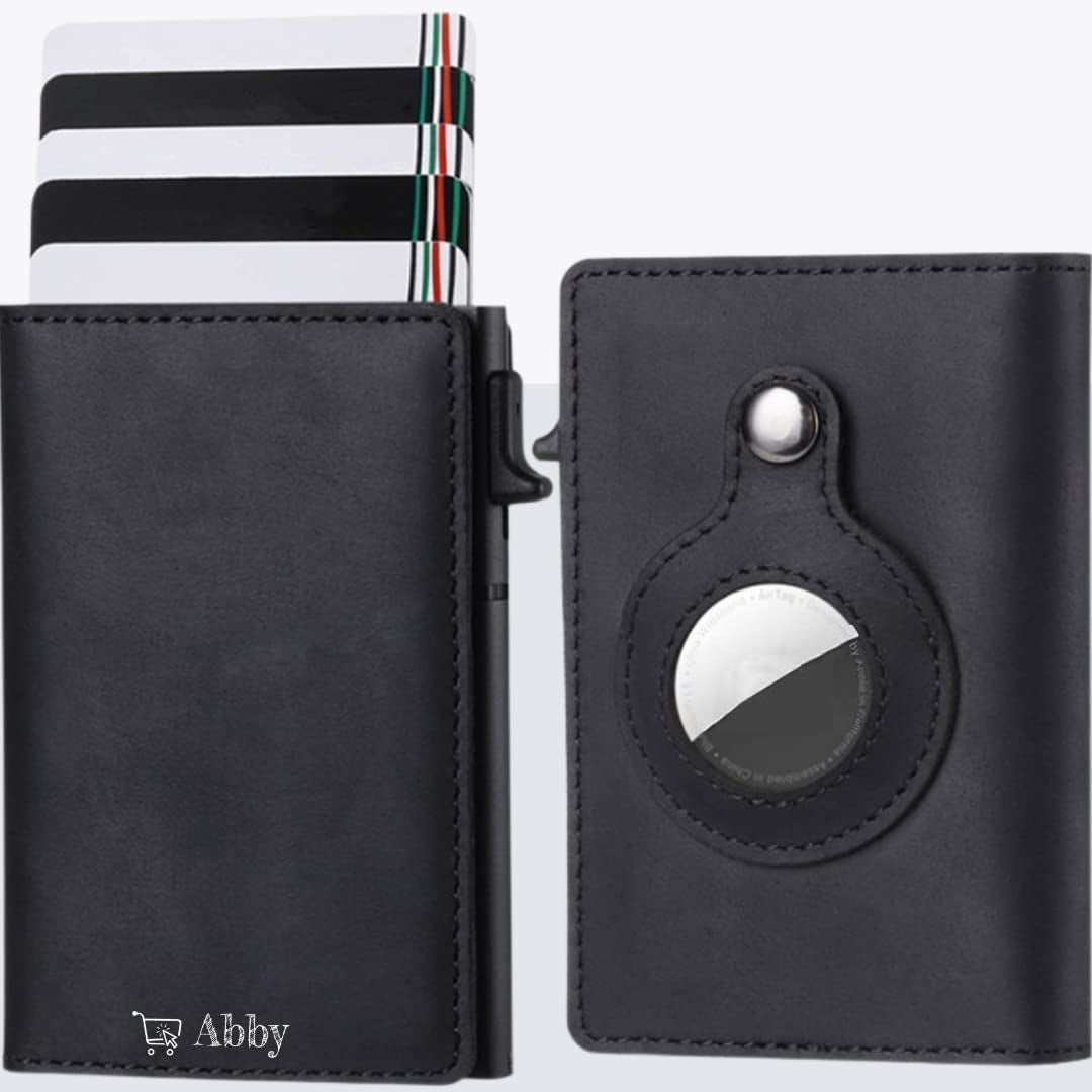 Abby'S Anti-Lost Slim Leather Airtag Wallet with Apple Airtag Case (Cocoa Brown) RFID Protection, Smart Thin Minimalist Pop up Credit Card Airtag Holder Trackable Wallet  ABBY Midnight Black  