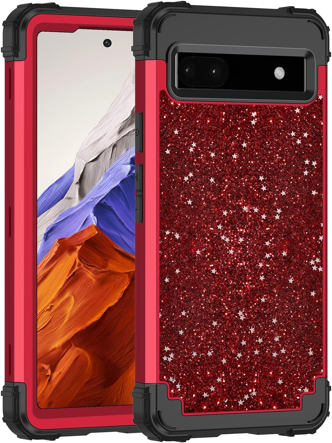 Hekodonk Google Pixel 6A Case (2022) - Heavy Duty Shockproof Hybrid Protection, Hard Plastic & Silicone Rubber, 3-In-1 Drop Protective - Blue Golden  Hekodonk Bling Red  