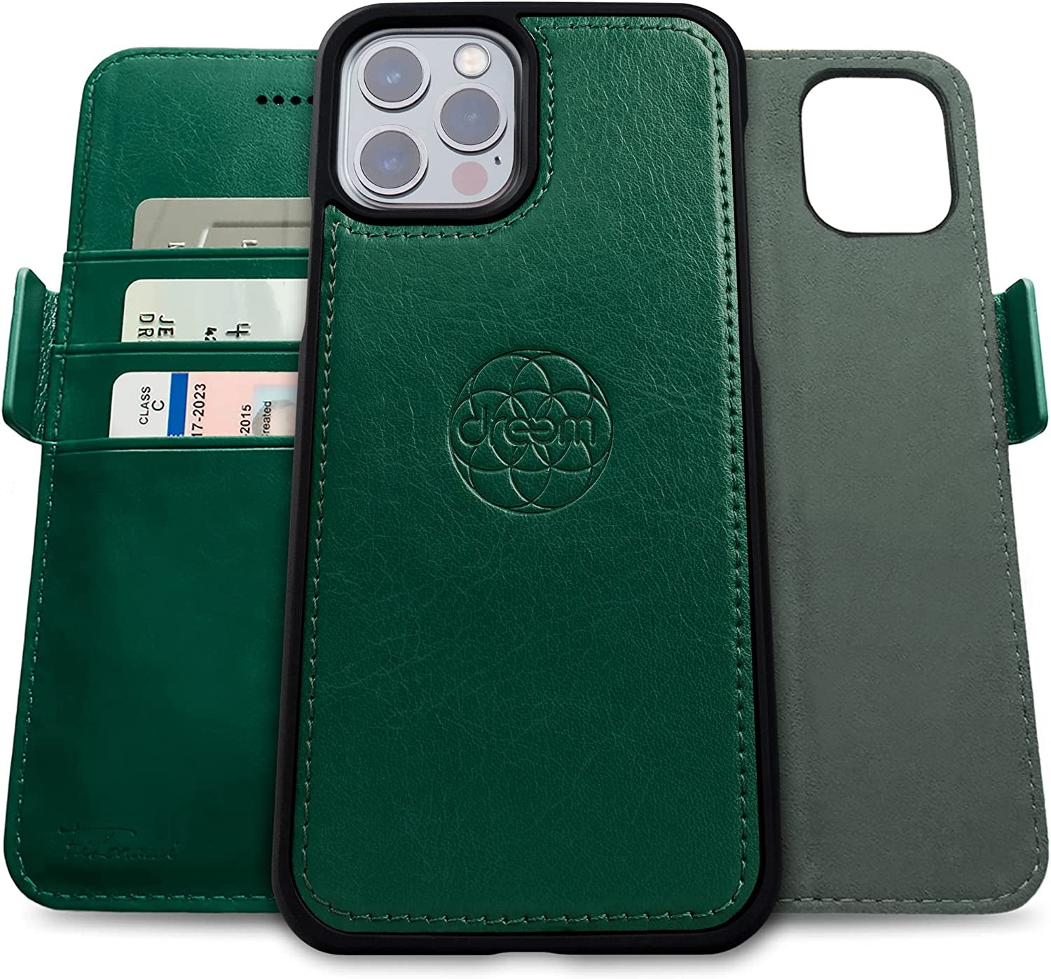 Dreem Fibonacci 2-In-1 Wallet Case for Apple Iphone 13 Pro Max - Luxury Vegan Leather, Magnetic Detachable Shockproof Phone Case, RFID Card Protection, Magsafe Compatible - Coffee  Dreem Green iPhone 13 Pro Max 