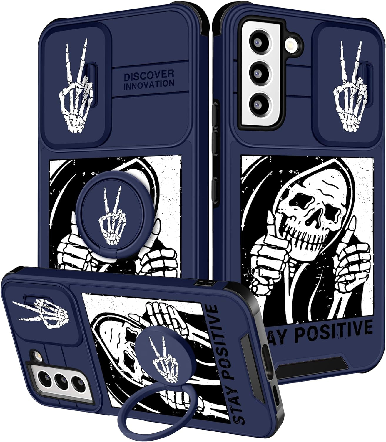 Funermei (2In1 for Samsung Galaxy S22 Case for Girls Women Cute Butterfly Cover Girly Aesthetic Black Pretty Fashion Design with Camera Cover and Ring Stand Funda for Galaxy S22 Phone Cases  Funermei 3-For Skeleton Like  