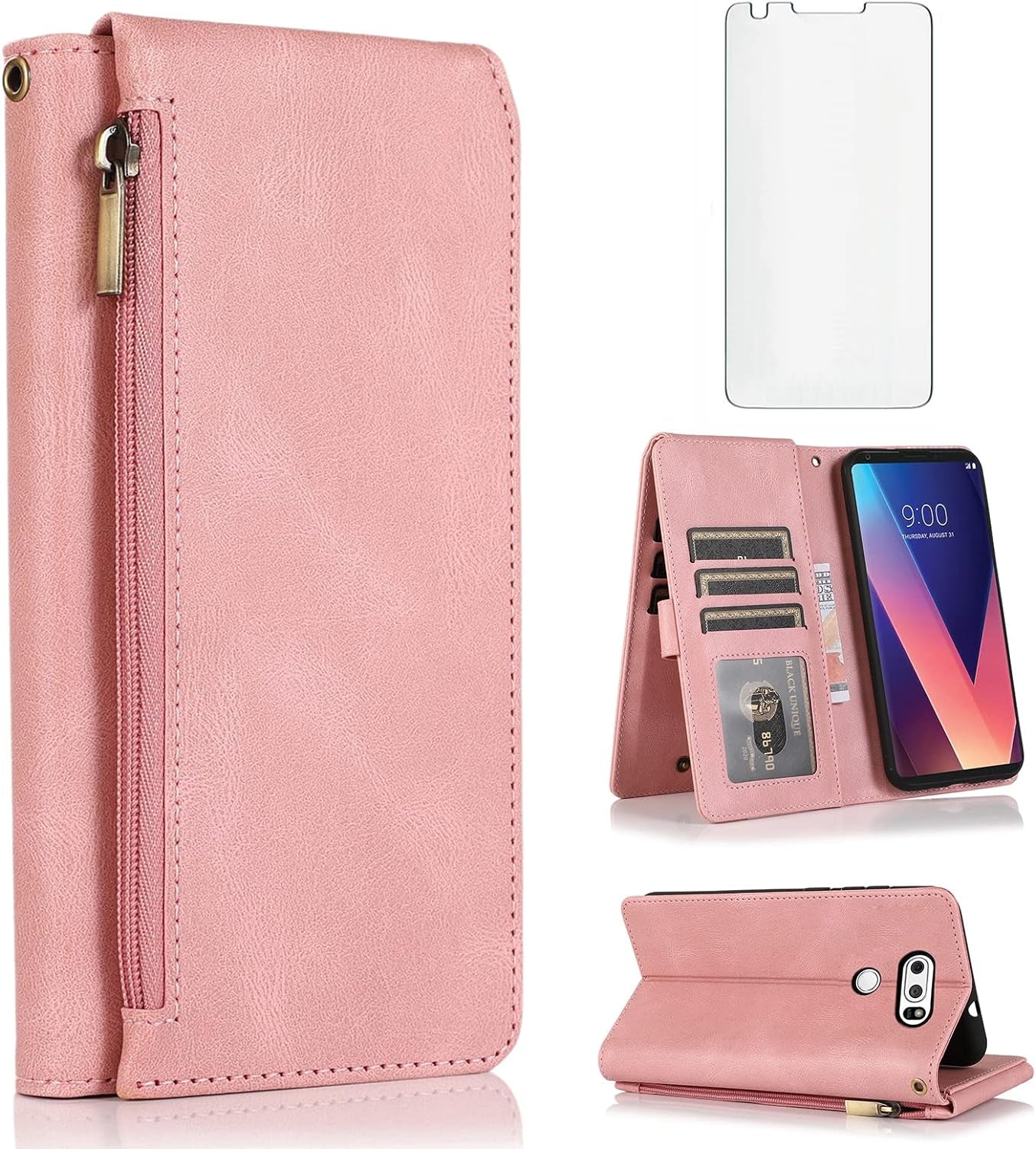 Compatible with LG V35 Thinq V30 plus Wallet Case Tempered Glass Screen Protector Zipper Leather Flip Cover Card Holder Accessories for LGV30 LGV35 LG30 LG35 V 30 35 V30+ V30S H931 Women Rose Gold  Asuwish   