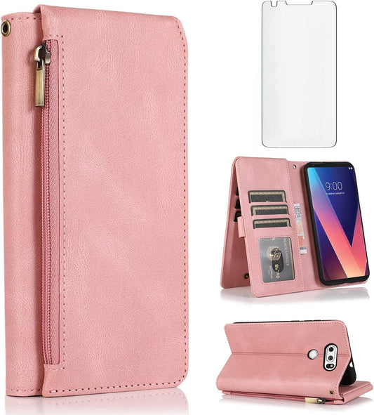 Compatible with LG V35 Thinq V30 plus Wallet Case Tempered Glass Screen Protector Zipper Leather Flip Cover Card Holder Accessories for LGV30 LGV35 LG30 LG35 V 30 35 V30+ V30S H931 Women Rose Gold  Asuwish   