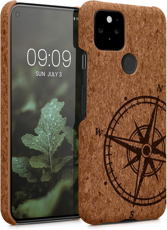Kwmobile Case Compatible with Google Pixel 5 - Protective Cork Cover - Navigational Compass Dark Brown/Light Brown  kwmobile   