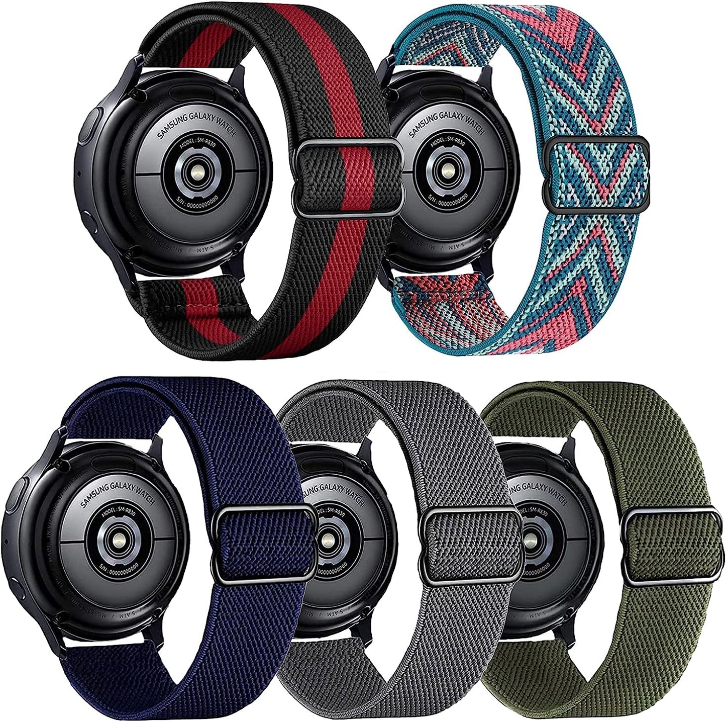 XRHWW 5 Pack 20Mm Stretchy Nylon Loop Watch Bands Compatible with Samsung Galaxy Watch Active 2 44Mm 40Mm/Active 40Mm/Galaxy Watch 3 41Mm/Galaxy Watch 42Mm/Galaxy Watch 4 44Mm 40Mm/Galaxy Watch 5 44Mm 40Mm/Pro 45Mm  XRHWW Black Red/Grey/Army Green/Dark Blue/Green Arrow  