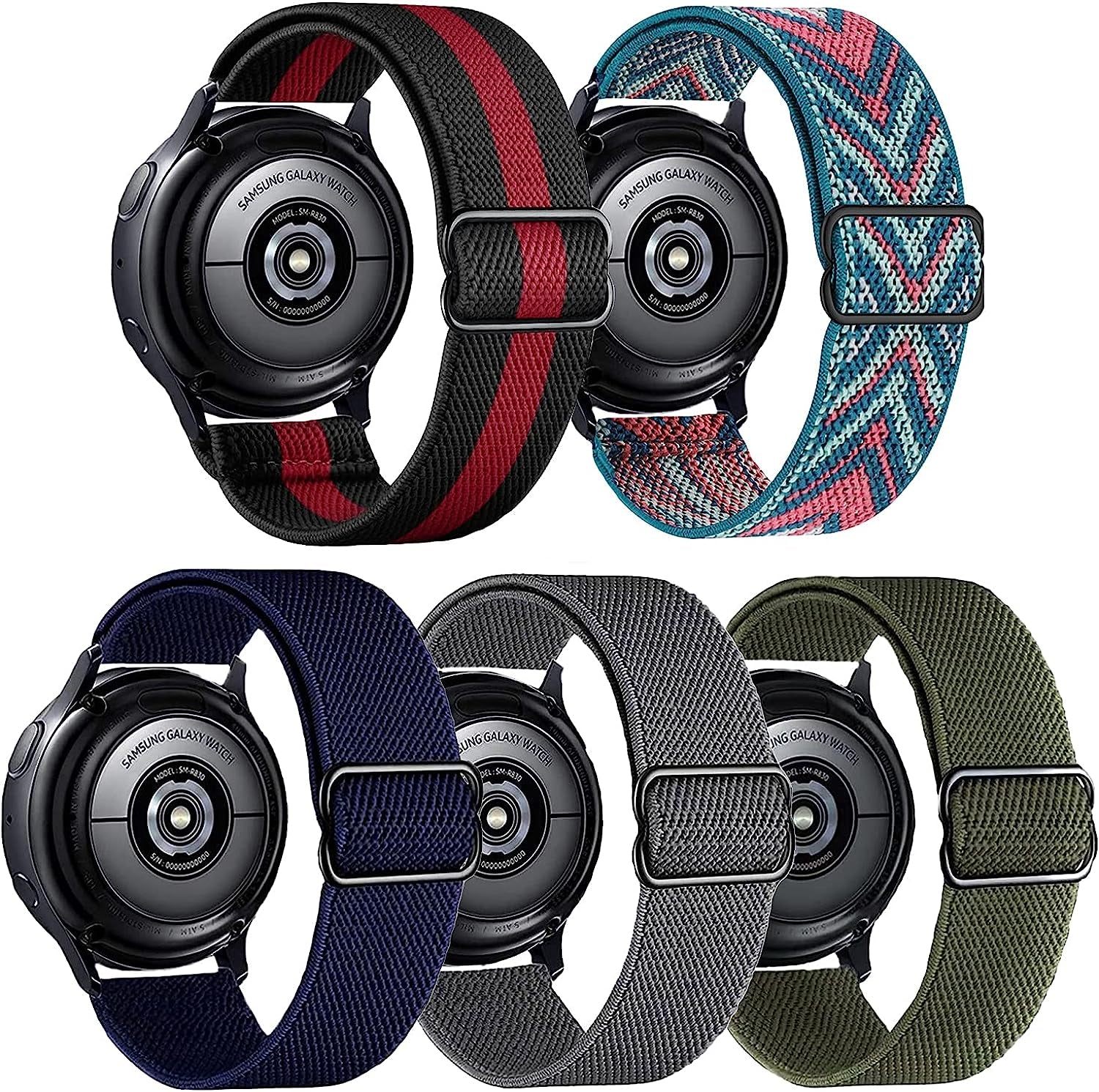 XRHWW 5 Pack 20Mm Stretchy Nylon Loop Watch Bands Compatible with Samsung Galaxy Watch Active 2 44Mm 40Mm/Active 40Mm/Galaxy Watch 3 41Mm/Galaxy Watch 42Mm/Galaxy Watch 4 44Mm 40Mm/Galaxy Watch 5 44Mm 40Mm/Pro 45Mm  XRHWW Black Red/Grey/Army Green/Dark Blue/Green Arrow  