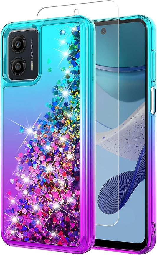 YZOK for Moto G 5G 2023 Case,Motorola G 5G 2023 Case,With HD Screen Protector,Gradient Quicksand Glitter Liquid Floating Girls Cute Phone Case for Motorola Moto G 5G 2023 (Teal/Purple)  YZOK   