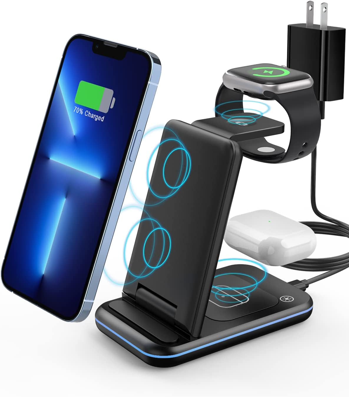Wireless Charger, 3 in 1 Fast Wireless Charging Station, Wireless Charging Stand Dock 18W Foldable for Apple Watch SE/7/6/5/4/3/2 Airpods 3/2/Pro Iphone 13/12/11/Pro/Xs/Xs Max/Xr/X/Se/8/8 Plus  Bauhoo   