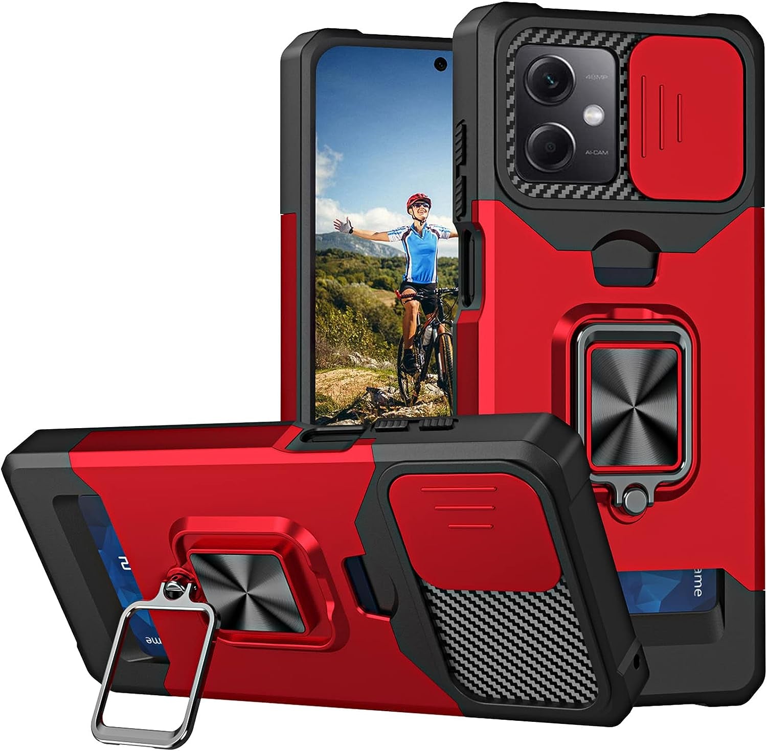 Ysnzaq for Xiaomi Redmi Note 12 5G Case with Card Holder and Sliding Camera (Not 4G), Military Grade Shockproof Protective Phone Cover for Xiaomi Redmi Note 12 5G /Xiaomi Poco X5 YHZH Green  Ysnzaq Red  