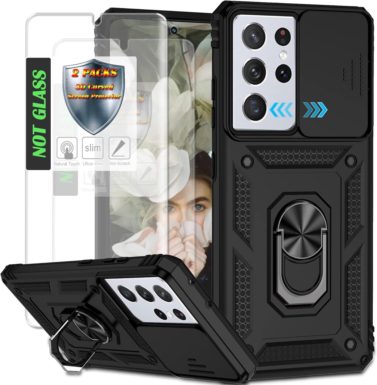 AYMECL Case for S21 Ultra 5G,Galaxys21 Ultra 5G Case with Slide Camera Cover&[2 Packs] Self-Healing Film,360° Rotate Ring Stand Magnetic Cover Case for Samsung Galaxy S21 Ultra 5G 6.8"-Blue  AYMECL Tc-Black  