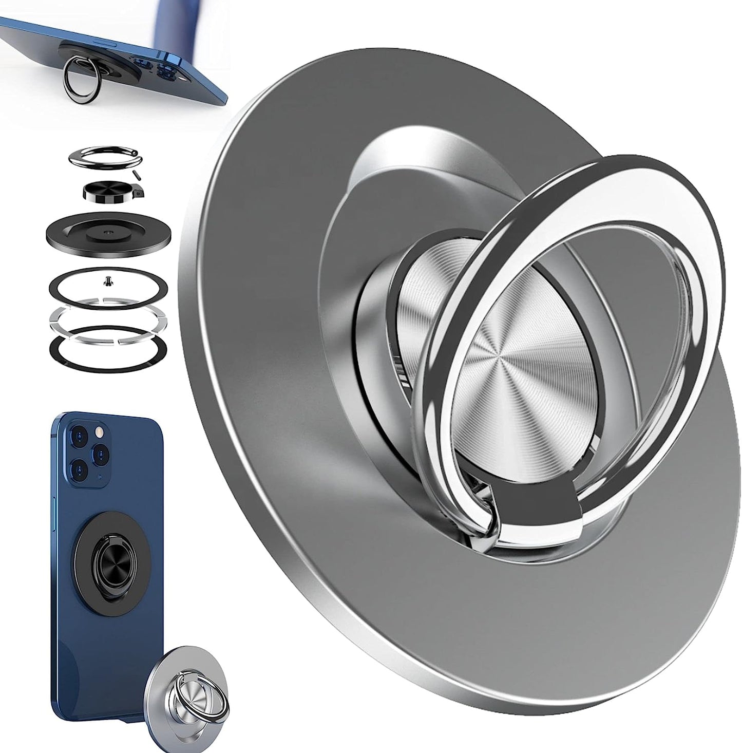 Aporia - Compatible for Magsafe Phone Ring Holder for Iphone 14 13 12 Mini Pro Max plus Finger Ring Grip Stand | Removable Detachable Metal Gripper (Black)  Aporia International Silver  