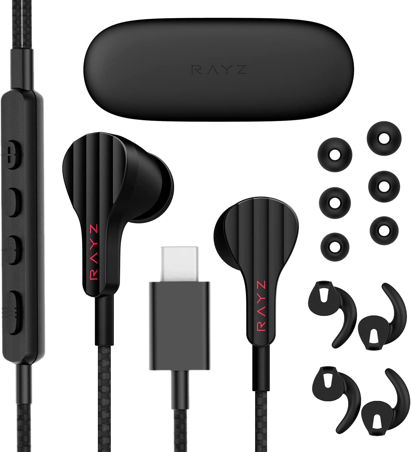 RAYZ Smart USB-C Headphones Earphones – Magnetic Braided Cable Earbuds W/Microphone & Volume Control Compatible with Nintendo Switch, Android, Google Pixel 4/3/2/XL, Macbook, Ipad Pro (Black)  RAYZ   