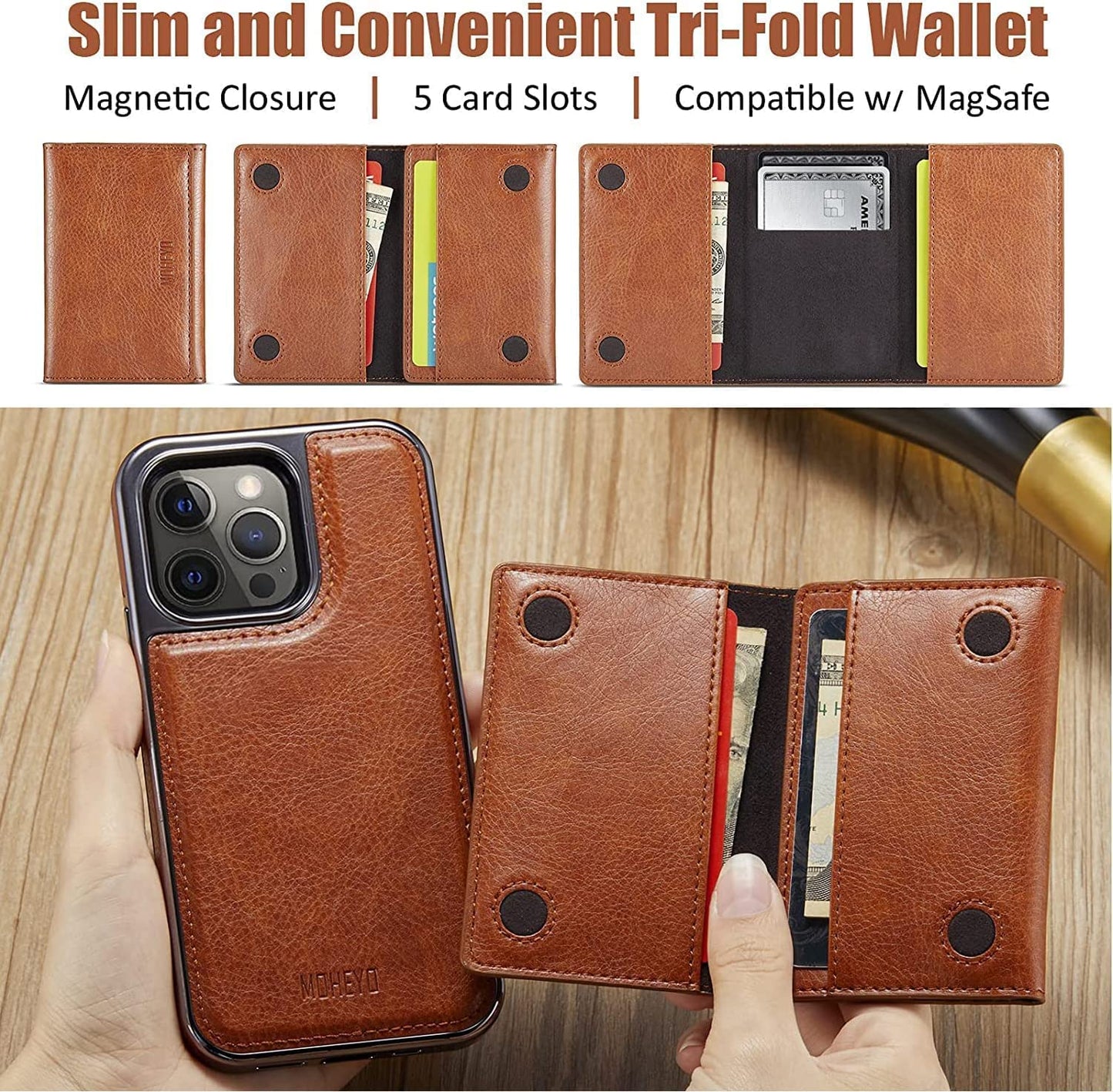 MOHEYO Designed for Iphone 13 Pro Max Case Compatible with Magsafe Charger Magnetic Removable Wallet Card Holder Slim Thin Leather Cover (Brown)  MOHEYO   