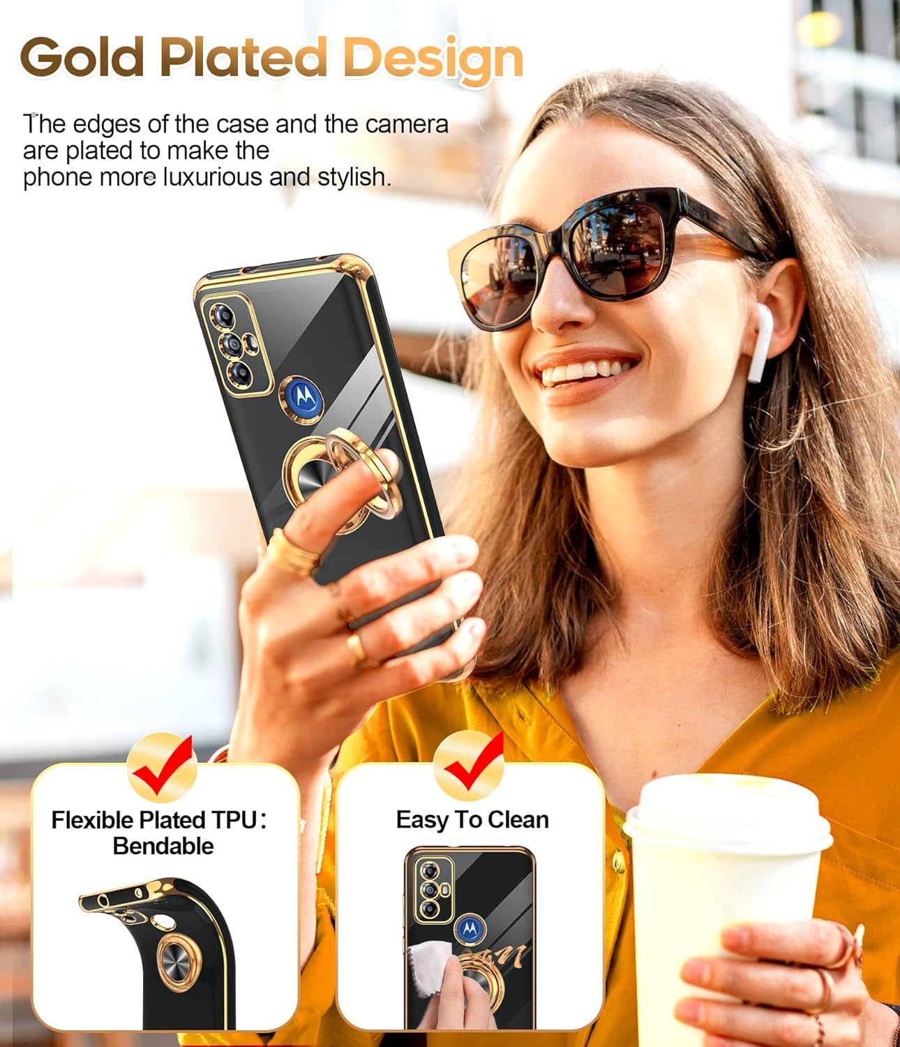 Leyi for Moto G Play 2023 Phone Case: with Tempered Glass Screen Protector [2 Pack] 360° Rotatable Ring Holder Magnetic Kickstand, Plating Rose Gold Edge Protective Case, Black  LeYi   