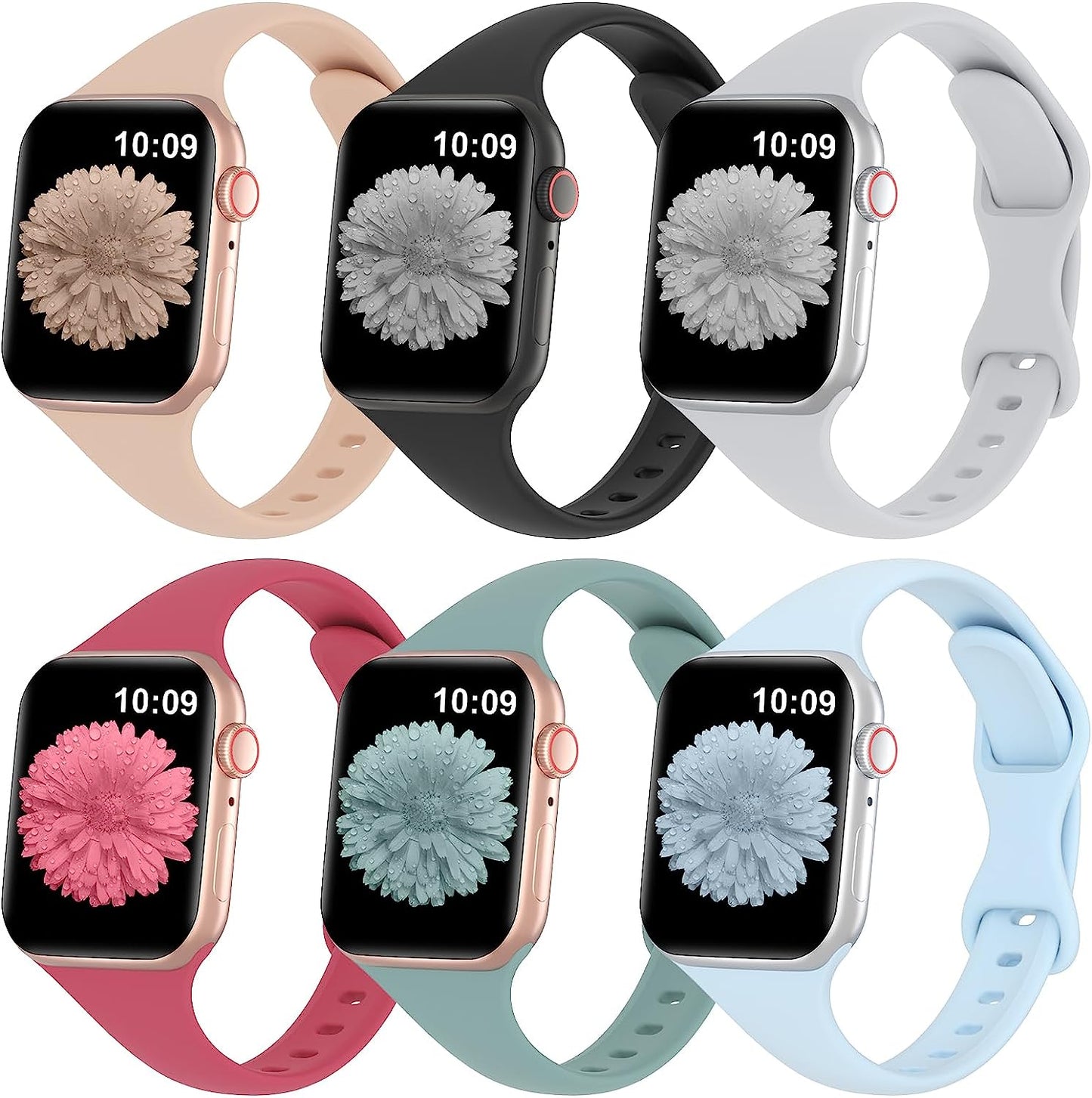 Slimband 6 Pack Slim Silicone Bands Compatible for Apple Watch Band 38Mm 40Mm 41Mm 42Mm 44Mm 45Mm 49Mm, Narrow Replacement Strap Thin Wristband for Iwatch Ultra Series 8/SE/7/6/5/4/3/2/1 Women Men  Slimband Milk Tea/Black/Grey/Hibiscus/Cactus/Fog Blue 42mm/44mm/45mm/49mm 