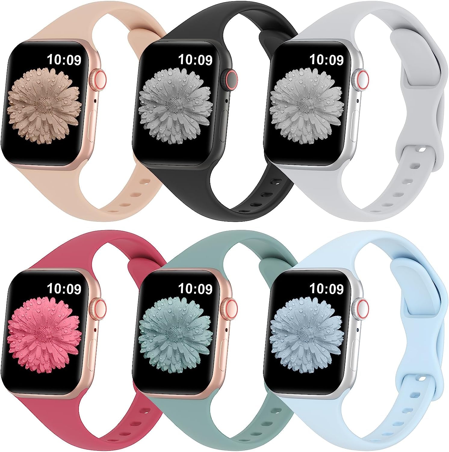 Slimband 6 Pack Slim Silicone Bands Compatible for Apple Watch Band 38Mm 40Mm 41Mm 42Mm 44Mm 45Mm 49Mm, Narrow Replacement Strap Thin Wristband for Iwatch Ultra Series 8/SE/7/6/5/4/3/2/1 Women Men  Slimband Milk Tea/Black/Grey/Hibiscus/Cactus/Fog Blue 42mm/44mm/45mm/49mm 