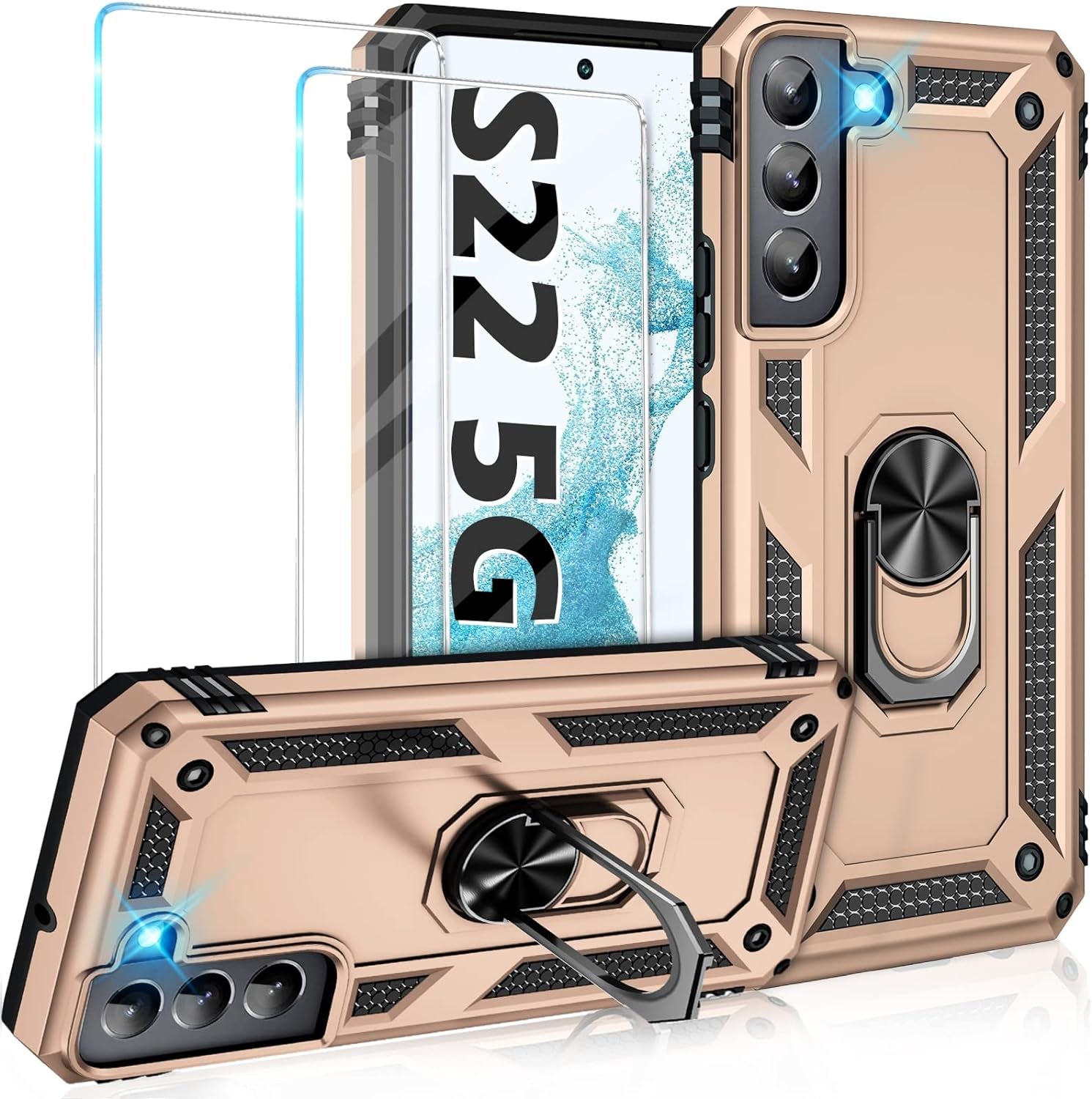 Vaki for Samsung Galaxy S22 5G Case with Built in Screen Protector Military Grade Hard Rugged Cover Heavy Duty Armor Galaxy S22 Phone Cases with Metal Ring Kickstand Shockproof Blue  Vaki Gold  