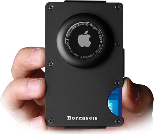 Borgasets Airtag Wallet for Men Women, Minimalist Slim Small RFID Card Holder Thin Metal Money Clip with Apple Air Tag Case Smart Wallets Black  Borgasets   