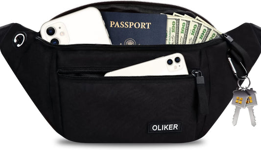OLIKER Fanny Pack for Men Women,Large Crossbody Waist Bag Pack with 4-Zipper Pockets Adjustable Straps Side Key Ring Gifts for Outdoor Sports for Walking Running Travel Hiking Fit All Phones (Black)  OLIKER   