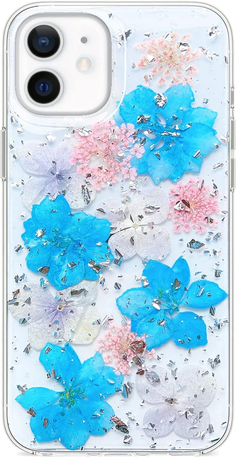 Abbery Designed for Iphone 12 Mini Case Glitter Flower Cute Bling Sparkle Clear with Design Soft Silicone TPU Real Dried Pressed Flowers Floral Aesthetic Phone Cover for Women Girls (3 Pink Flower)  Abbery Lake Blue Flower  
