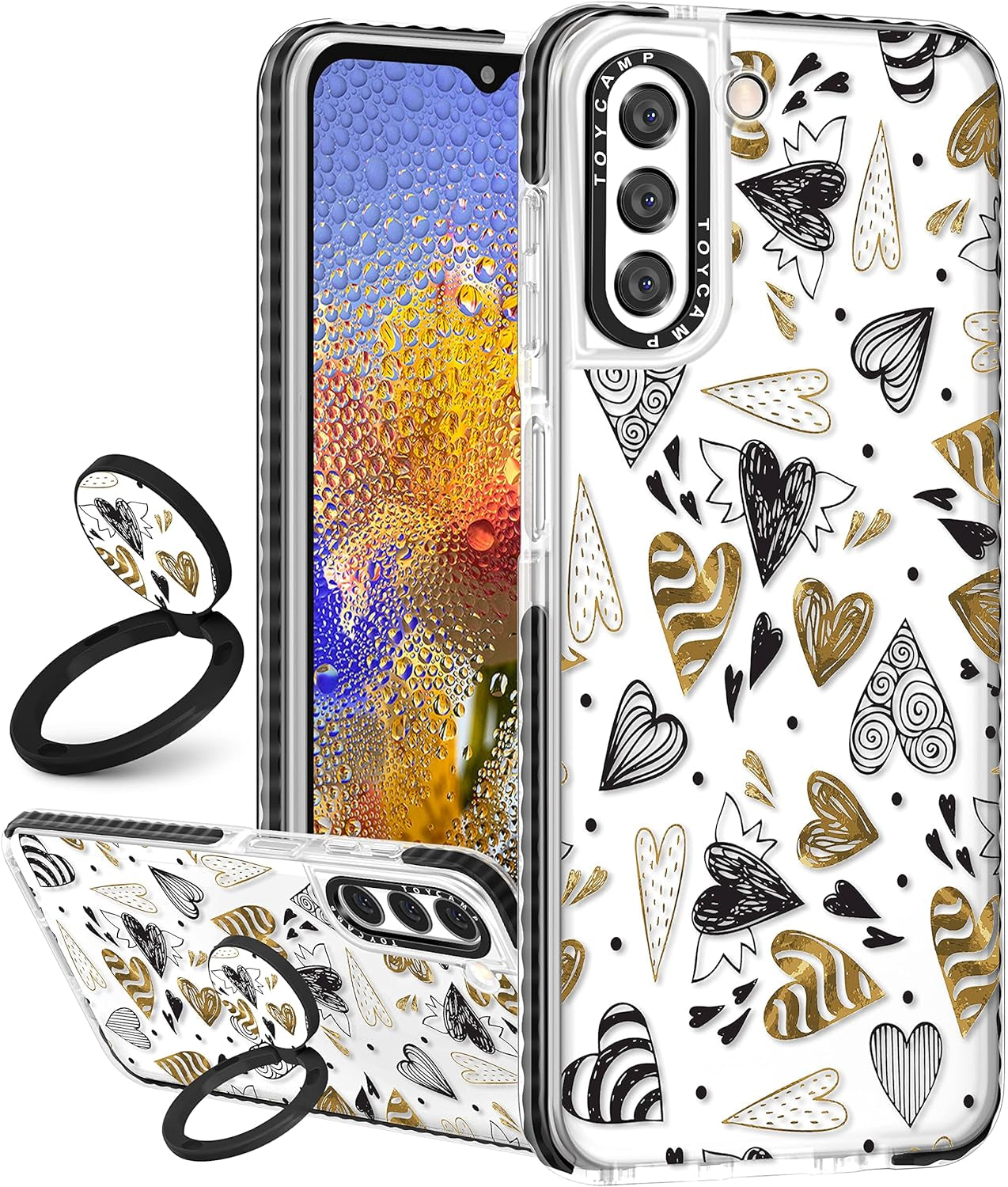 Toycamp for Samsung Galaxy S22 Case for Women, Colorful Butterfly Cute Girly Print Design for Girls Teens Case with Ring Kickstand (6.1 Inch), Black  Toycamp White Black Gold Heart  