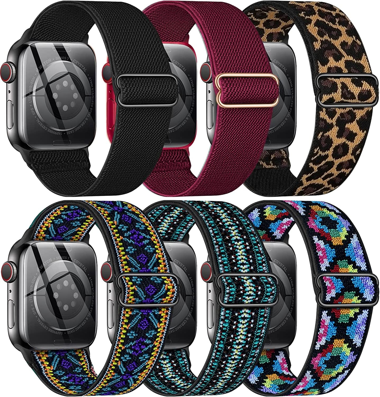 BELONGME 6 Packs Stretchy Nylon Solo Loop for Apple Watch Band Series Ultra SE 8 7 6 5 4 3 2 1 40Mm 38Mm 44Mm 42Mm 45Mm 41Mm 49Mm, Women and Men Sport Apple Watch Bands Replacement for Iwatch Bands  BELONGME Black/Wine Red/Leopard/Pixel Grid/Boho Flower/Boho Color 45mm/44mm/42mm/49mm 