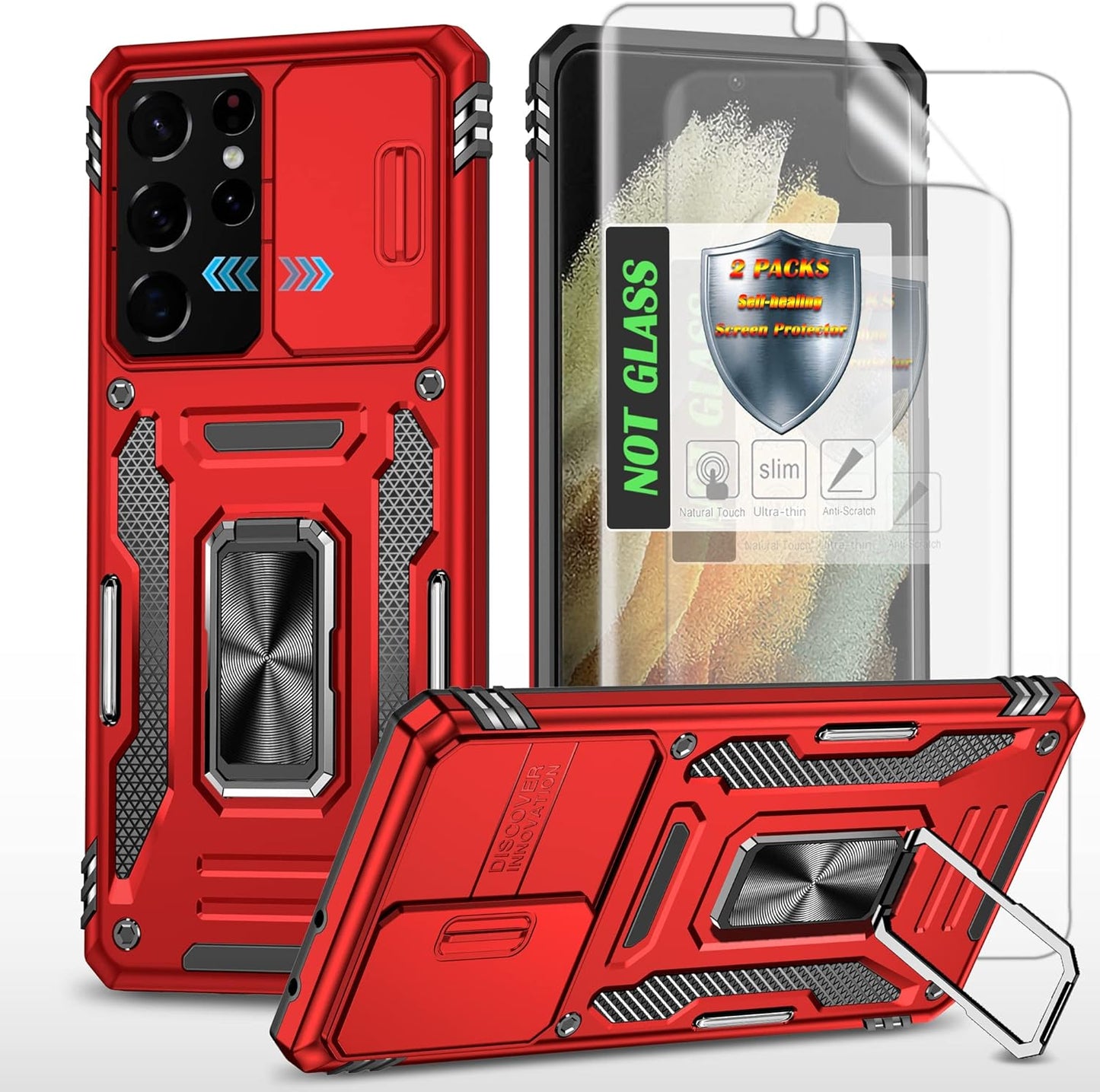 AYMECL Case for S21 Ultra 5G,Galaxys21 Ultra 5G Case with Slide Camera Cover&[2 Packs] Self-Healing Film,360° Rotate Ring Stand Magnetic Cover Case for Samsung Galaxy S21 Ultra 5G 6.8"-Blue  AYMECL Kg-Red  