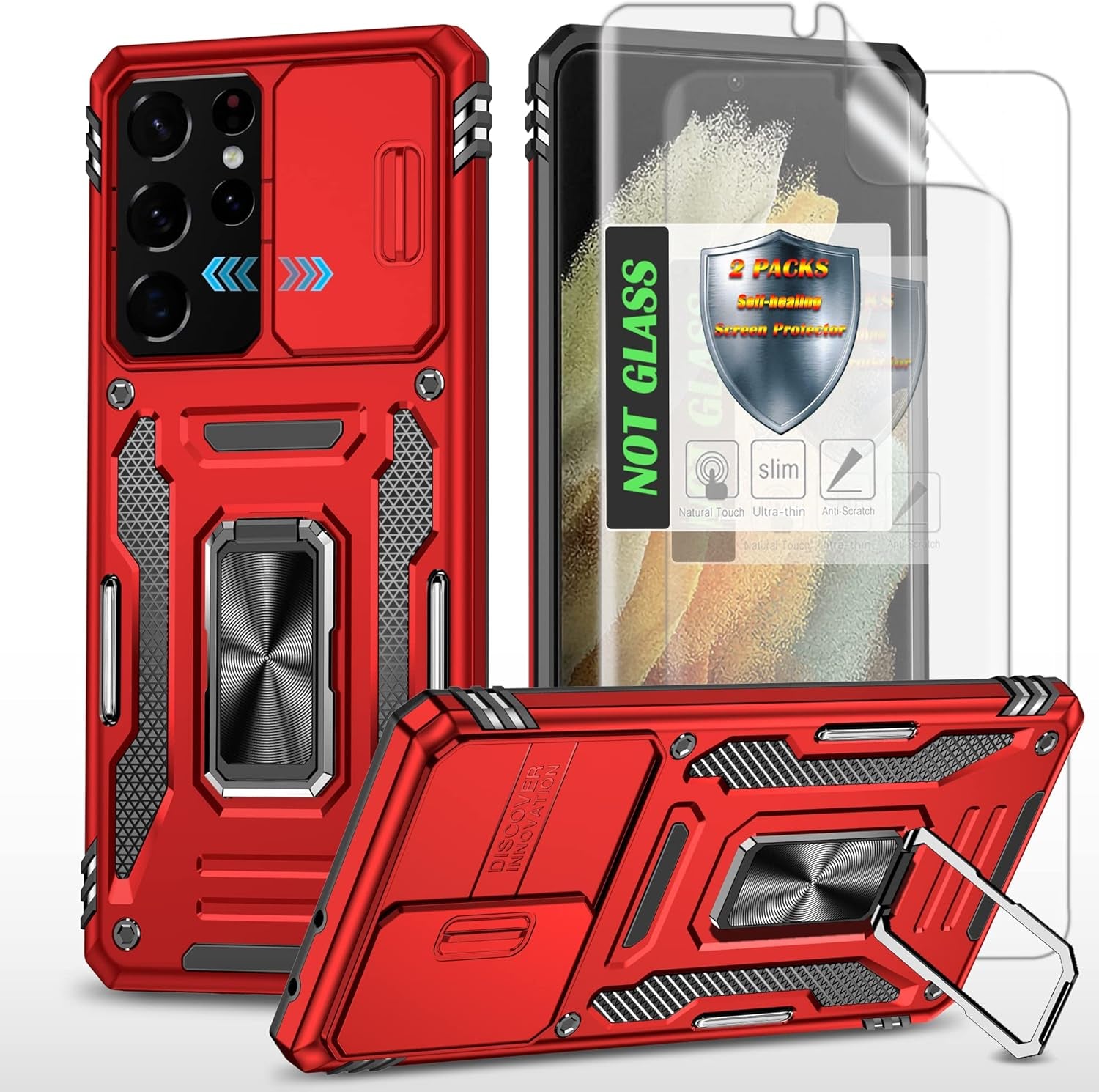 AYMECL Case for S21 Ultra 5G,Galaxys21 Ultra 5G Case with Slide Camera Cover&[2 Packs] Self-Healing Film,360° Rotate Ring Stand Magnetic Cover Case for Samsung Galaxy S21 Ultra 5G 6.8"-Blue  AYMECL Kg-Red  