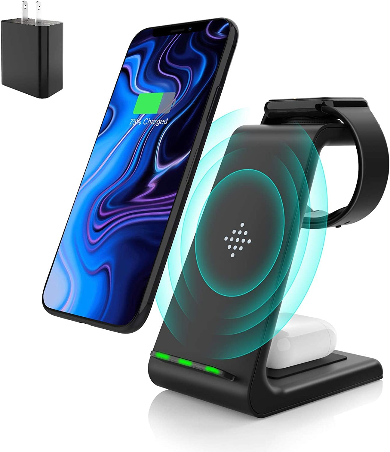 Wireless Charging Stand, Muleug 3 in 1 Wireless Charger Charging Station Dock for Apple Watch SE 6 5 4 3 2, Airpods Pro, Iphone 12/11/11 Pro/X/Xr/Xs/8 Plus, Qi-Certified Phones (With QC3.0 Adapter)  Muleug   